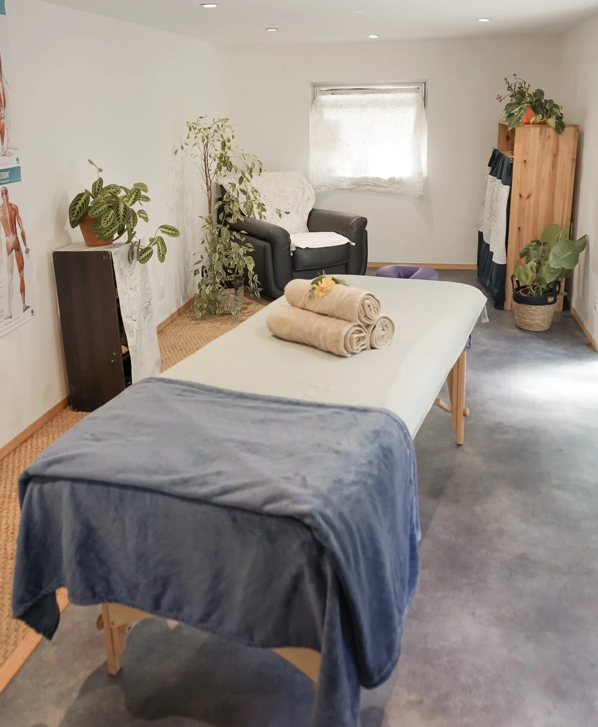 L’intérieur du cabinet, avec la table de soin, un fauteuil et des plantes